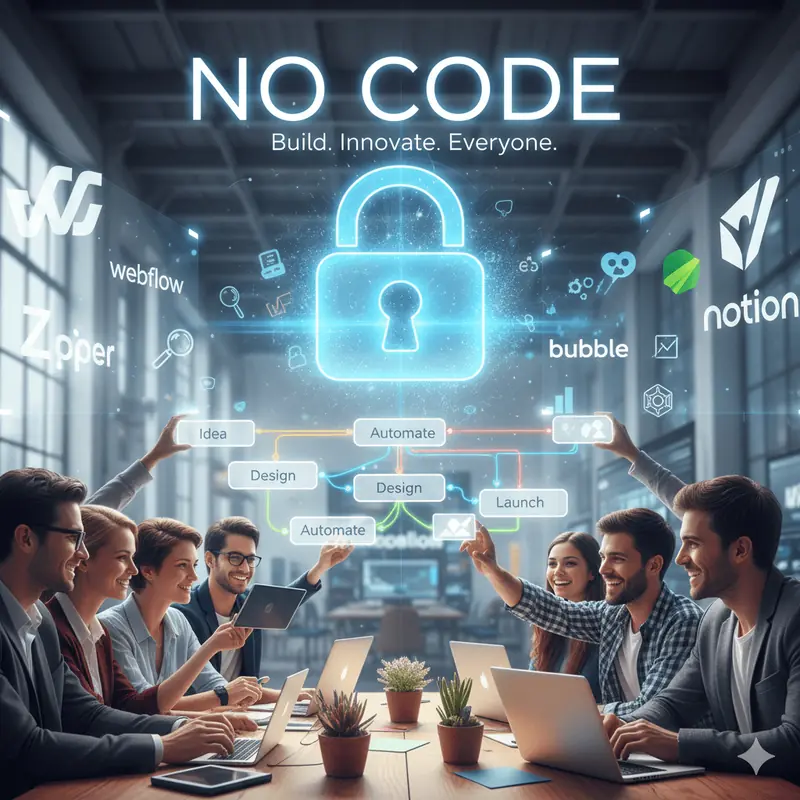 צוות מקצועי סביב סמל מנעול זוהר וכותרת No Code