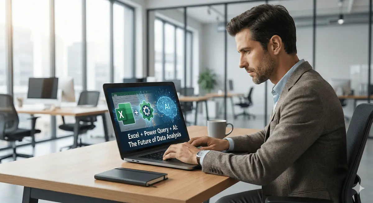 איש מקצוע עובד במחשב נייד עם כלי Excel, Power Query ובינה מלאכותית