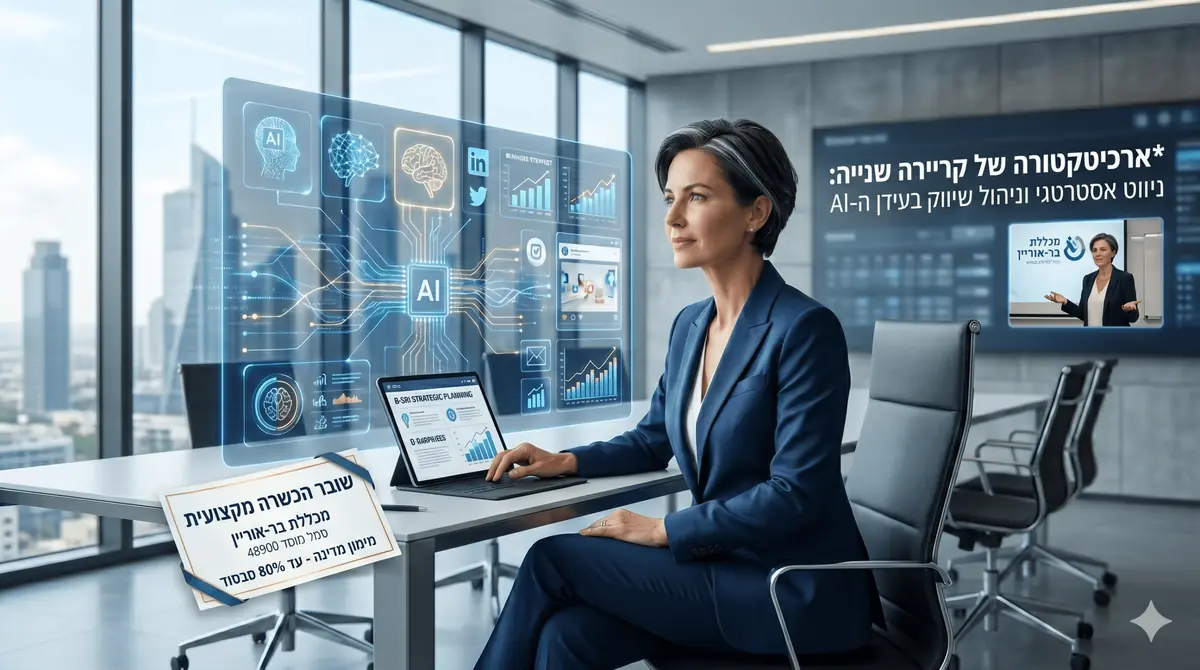 אשת מקצוע במשרד לצד לוחות נתונים וכותרת על ארכיטקטורת קריירה